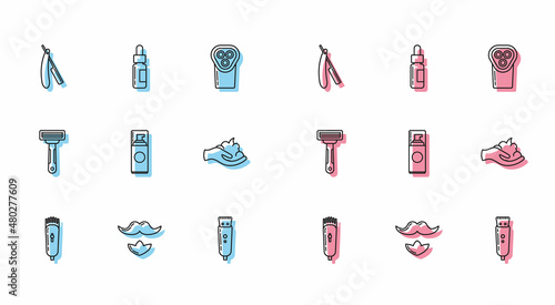 Set line Electrical hair clipper or shaver, Mustache and beard, Straight razor, Shaving gel foam, on hand, and Glass bottle with pipette icon. Vector