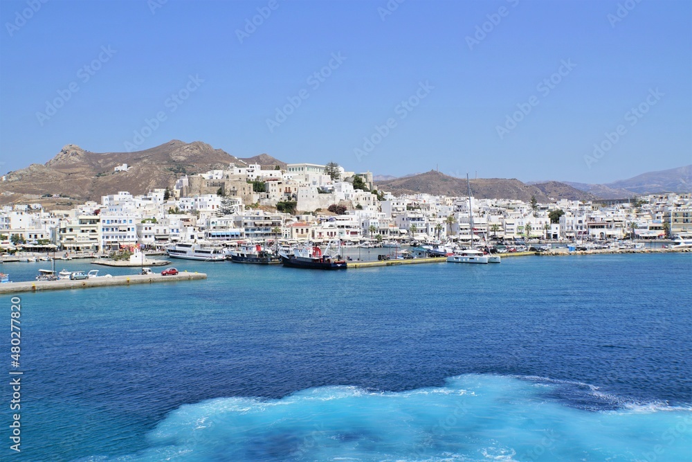View of the port of Naxos Island from a ferry, Greece