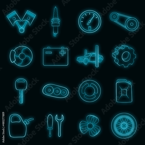 Auto spare parts icons set in neon style. Car maintenance set collection vector illustration