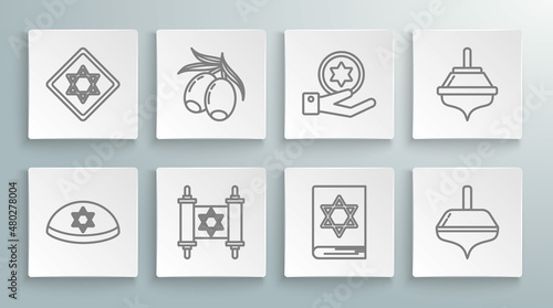 Set line Jewish kippah with star of david, Olives branch, Torah scroll, torah book, Hanukkah dreidel, coin on hand, and Star David icon. Vector