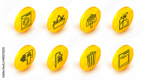 Set line Washer, Trash can, Shower head with water drops flowing, Cleaning service, Plastic bottles for liquid dishwashing liquid, Vacuum cleaner, and icon. Vector