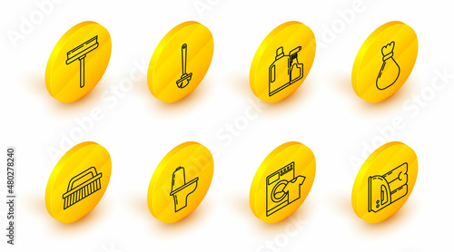 Set line Electric iron and towel, Washer t-shirt, Toilet bowl, Brush for cleaning, Garbage bag, Plastic bottles liquid dishwashing liquid, brush and Squeegee, scraper, wiper icon. Vector