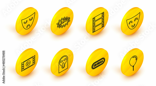 Set line Balloon with ribbon, Cinema poster design template, Funny and scary ghost mask, Play Video, Comedy theatrical, Bang boom text speech bubble balloon and Drama icon. Vector