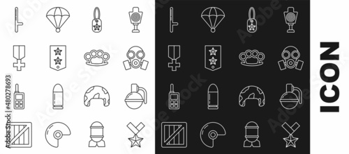 Set line Military reward medal, Hand grenade, Gas mask, dog tag, Chevron, Police rubber baton and Brass knuckles icon. Vector