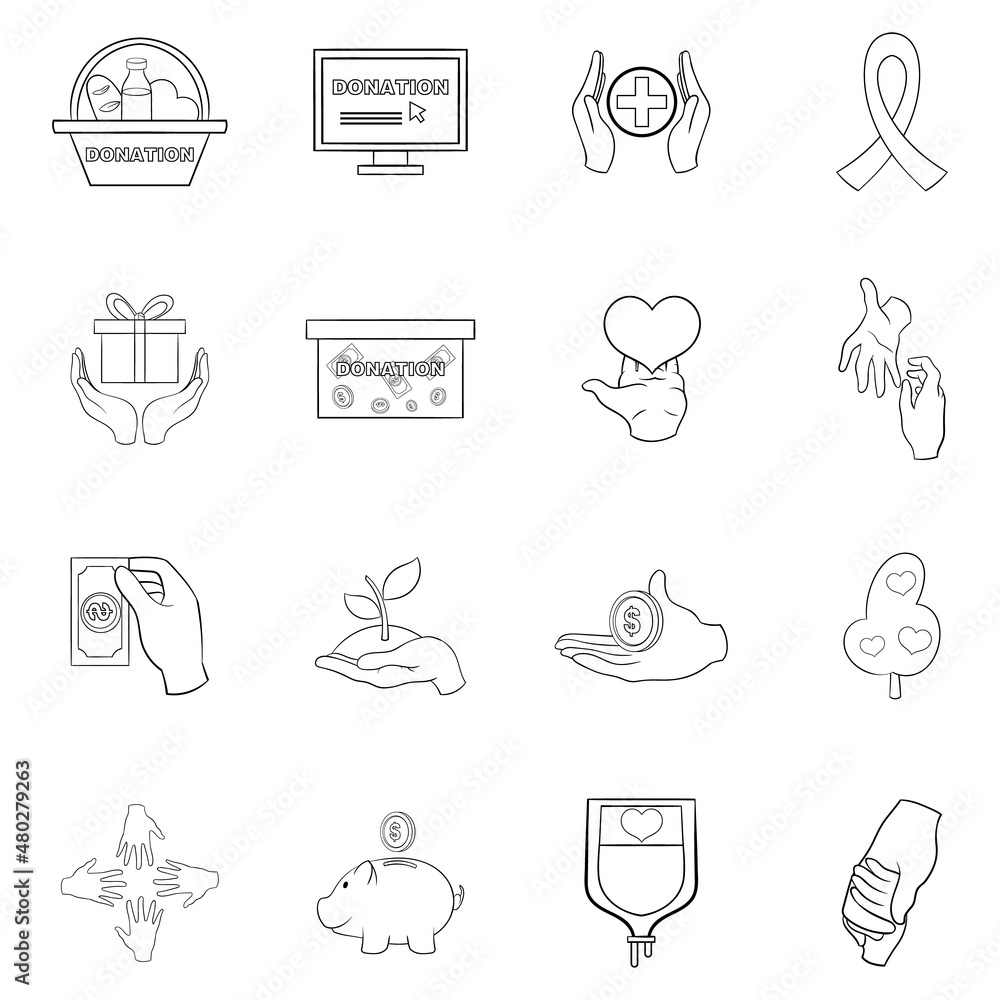 Charity organization set icons in outline style isolated on white background