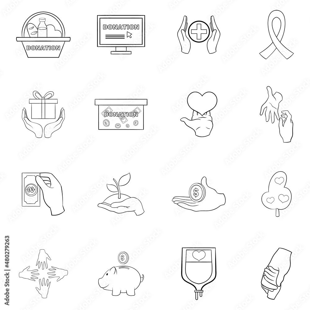 Charity organization set icons in outline style isolated on white background Charity organization set icons in outline style isolated on white background