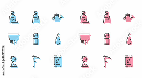 Set line Sunflower, Scythe, Bag of flour, A pack full seeds specific plant, Can container for milk, Pear, Udder and icon. Vector