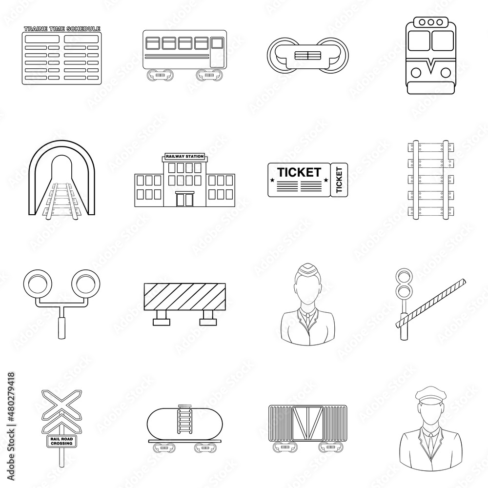 Fototapeta premium Railway set icons in outline style isolated on white background