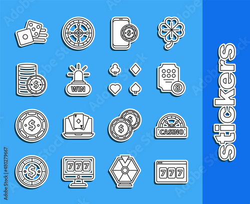 Set line Online slot machine with lucky sevens jackpot, Casino signboard, poker table game, win, chip dollar, Game dice and Playing cards icon. Vector