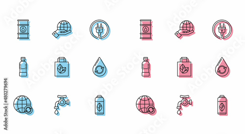 Set line Planet earth and a recycling, Oil barrel line, Recycling plastic bottle, Paper shopping bag with recycle, Recycle clean aqua, Bottle of water and Human hands holding Earth globe icon. Vector