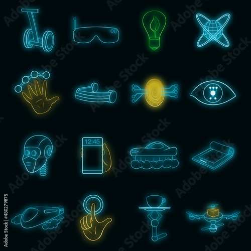 New technologies icons set in neon style. Innovative app and gadget set collection illustration