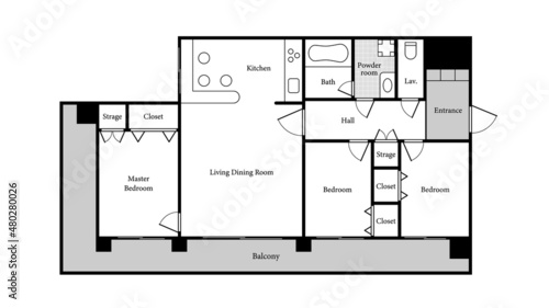 Apartment sample layout. 3 Bedrooms, 1 bathroom.
