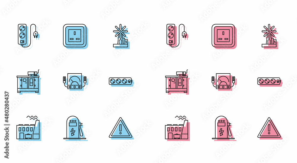 Set line Coal power plant and factory, extension cord, Exclamation mark triangle, Ampere meter, multimeter, voltmeter, Diesel generator and Electrical outlet icon. Vector Set line Coal power plant and factory, extension cord, Exclamation mark triangle, Ampere meter, multimeter, voltmeter, Diesel generator and Electrical outlet icon. Vector