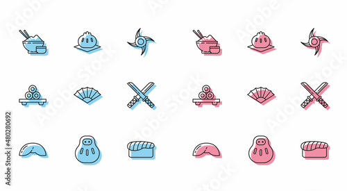 Set line Chinese fortune cookie, Maneki neko cat, Rice bowl with chopstick, Sushi, Paper chinese japanese folding fan, Traditional Japanese katana, cutting board and Khinkali icon. Vector