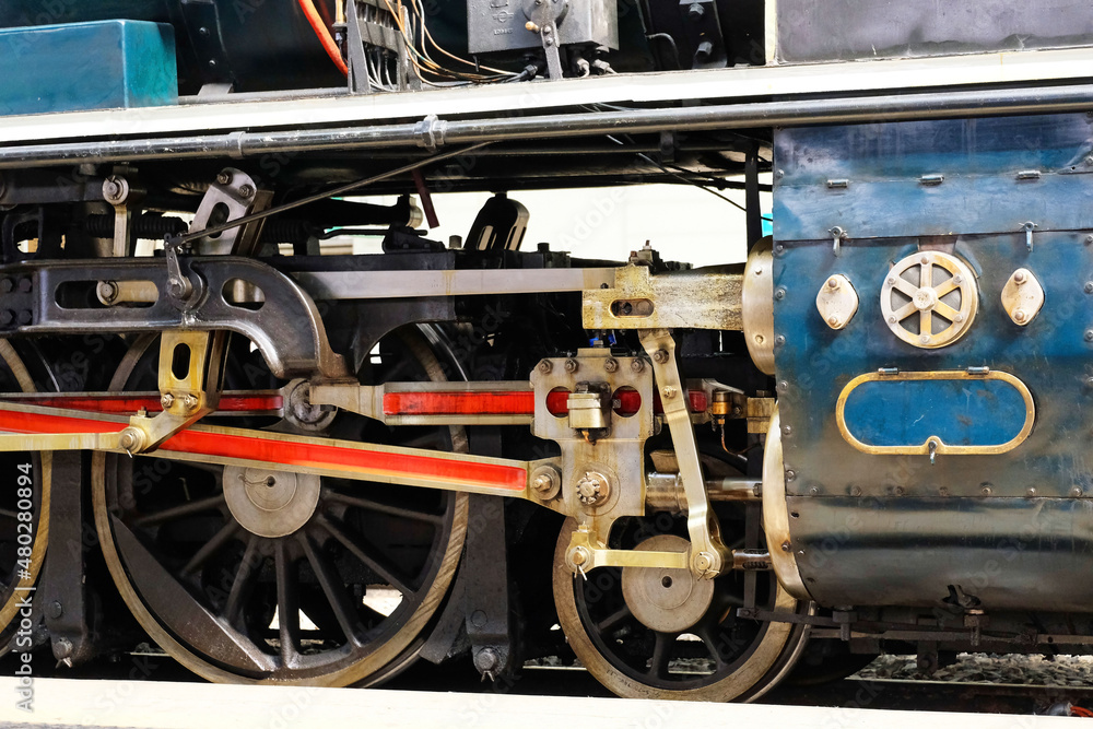 Iron wheel drive mechanism system of a vintage locomotive train at The Bangkok Railway Station, Thailand 2