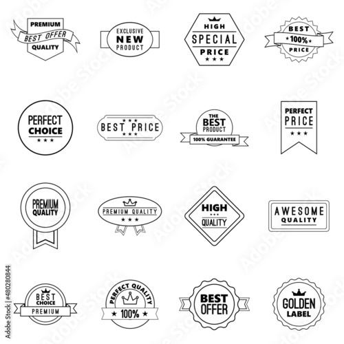 Retail label set icons in outline style isolated on white background