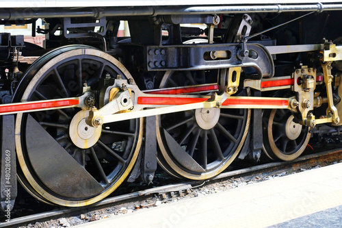 Iron wheel drive mechanism system of a vintage locomotive train at The Bangkok Railway Station, Thailand 1