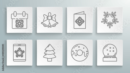 Set line Christmas on smartphone and snowflake, Merry ringing bell, tree, Donut with sweet glaze, globe fallen, postcard, star and Calendar icon. Vector