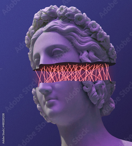 Contemporary art concept. Female antique head statue being separated by lasers. Surrealism. Modern unusual art.