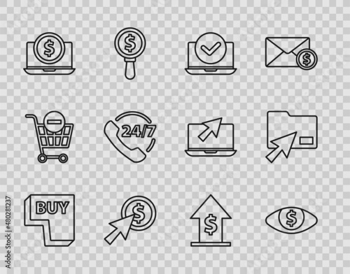 Set line Buy button, Eye with dollar, Laptop, Cursor and coin, Telephone 24 hours support, Financial growth and click document folder icon. Vector
