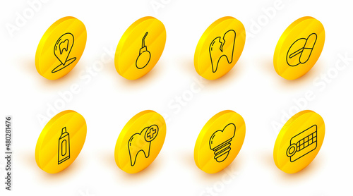 Set line Dentures model, Dental implant, Tooth, Tube of toothpaste, Medicine pill or tablet, Broken, Enema pear and clinic location icon. Vector