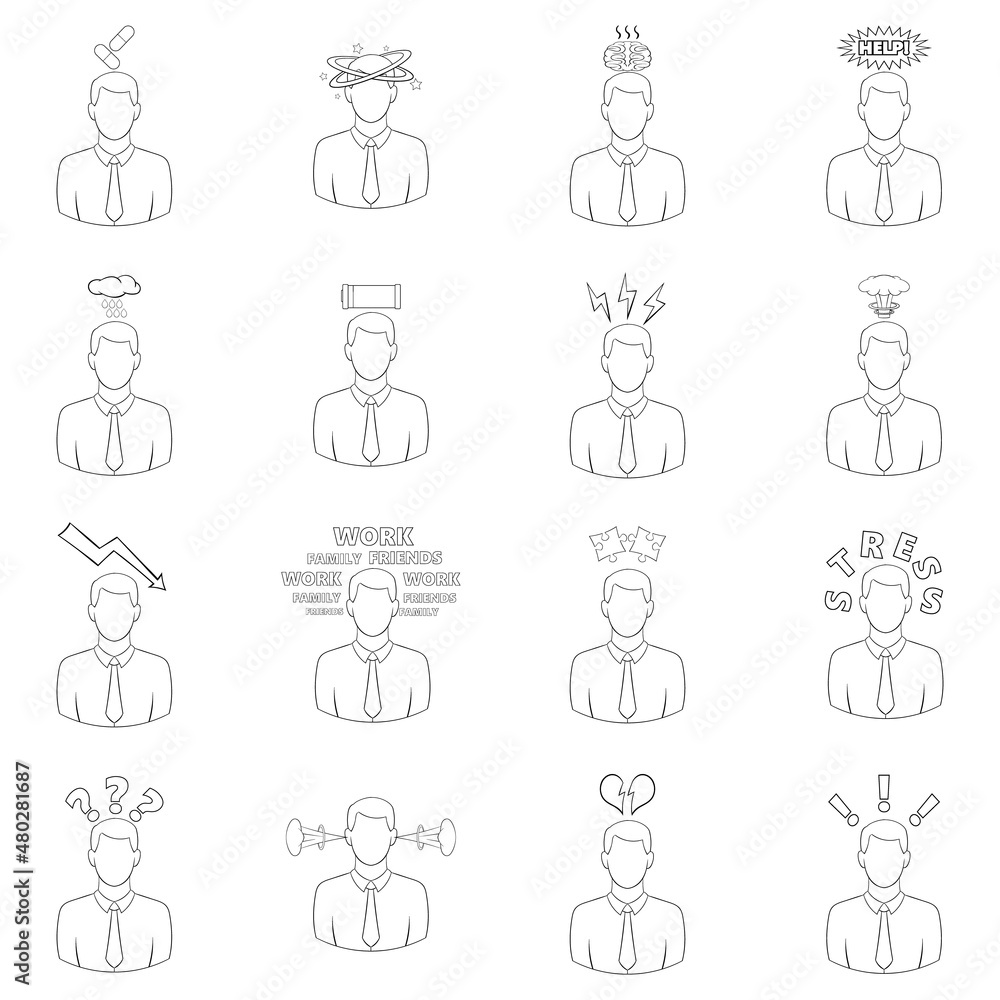 Stress set icons in outline style isolated on white background Stress set icons in outline style isolated on white background