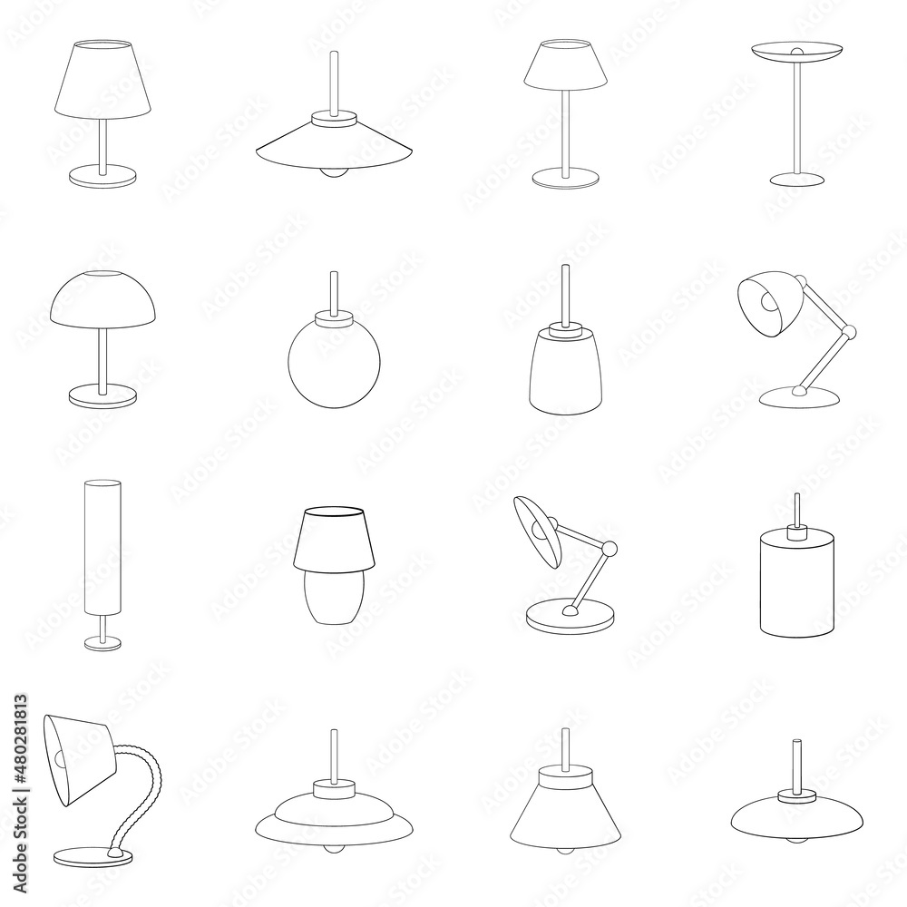 Lamp set icons in outline style isolated on white background Lamp set icons in outline style isolated on white background