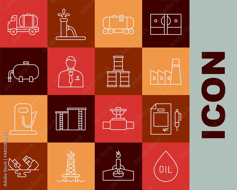 Set line Oil drop, Contract money and pen, industrial factory building, railway cistern, Businessman stock market trader, Tanker truck and Barrel oil icon. Vector Set line Oil drop, Contract money and pen, industrial factory building, railway cistern, Businessman stock market trader, Tanker truck and Barrel oil icon. Vector