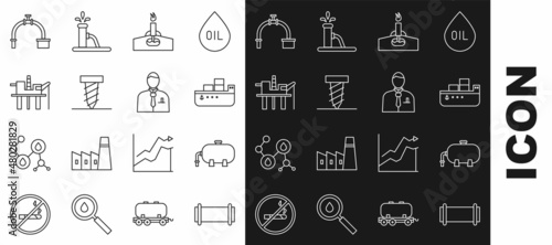 Set line Industry pipe, Oil industrial factory building, tanker ship, rig with fire, Rotating drill digging hole, platform the sea, and valve and Businessman stock market trader icon. Vector