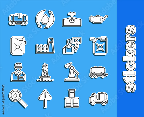 Set line Tanker truck, Oil railway cistern, Canister for motor oil, Oilfield, industrial factory building, and Nature saving protest icon. Vector