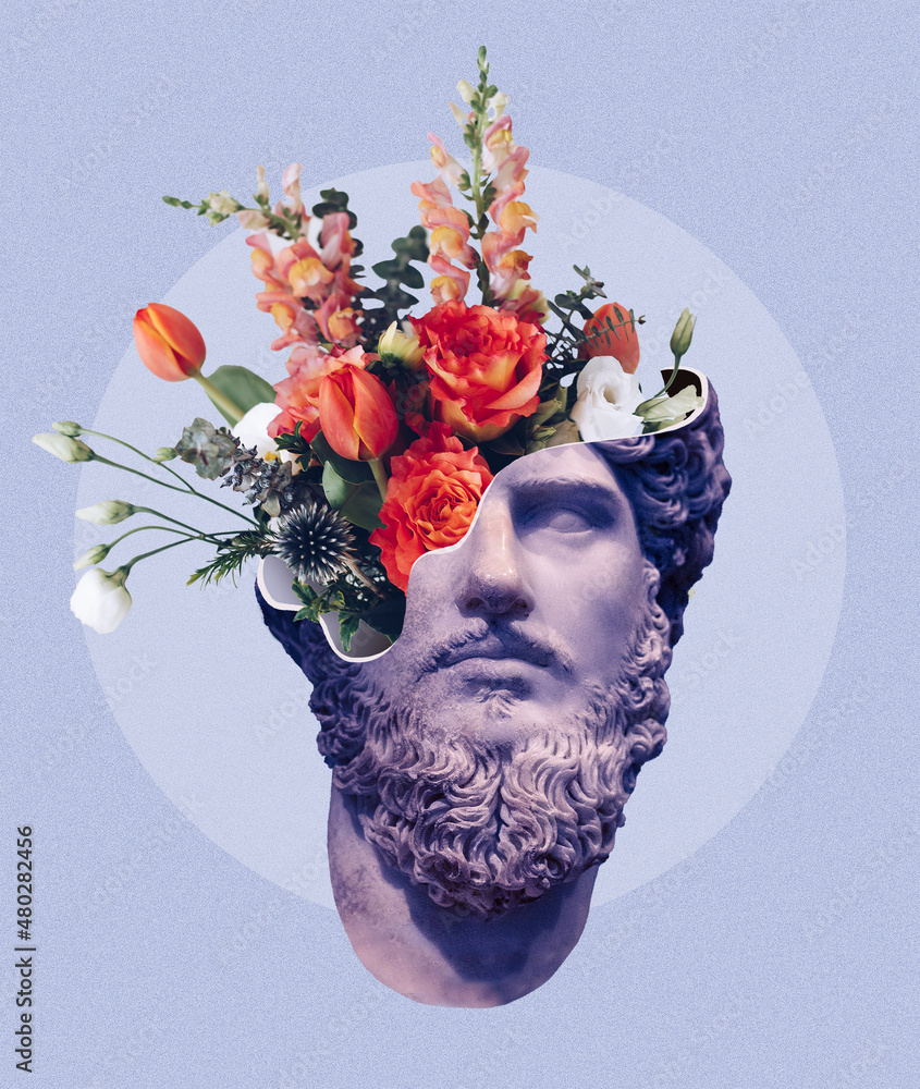 Contemporary art collage concept. Flowers coming out of male statue head. Modern. Unusual