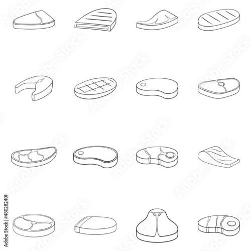 Steak set icons in outline style isolated on white background