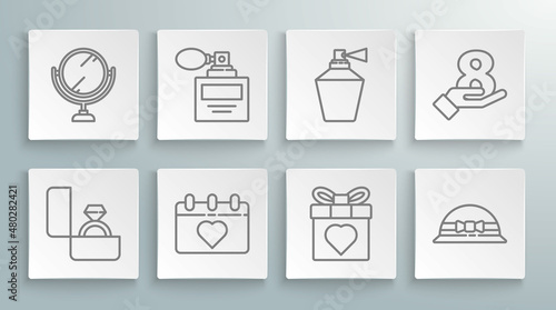 Set line Diamond engagement ring, Perfume, Calendar with 8 March, Gift box and heart, Elegant women hat, hand and Round makeup mirror icon. Vector