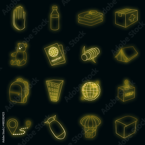 Refugees icons set. Illustration of 16 refugees vector icons neon color on black