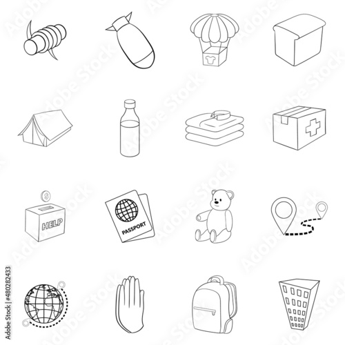 Refugees set icons in outline style isolated on white background