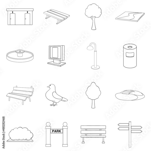 Park set icons in outline style isolated on white background
