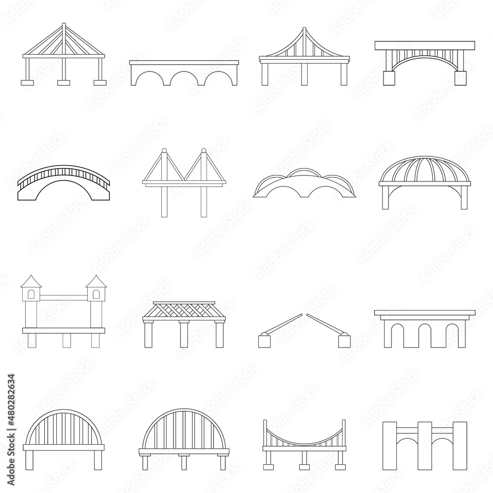 Obraz premium Bridge construction set icons in outline style isolated on white background