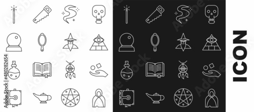 Set line Mantle, cloak, cape, Cube levitating above hand, Masons, Magic fog or smoke, mirror, ball, wand and Wizard warlock icon. Vector