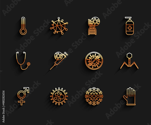 Set line Gender, Virus, Medical thermometer, rubber gloves, Syringe and virus, Bacteria bacteriophage and Stop icon. Vector