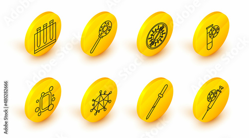 Set line Syringe and virus, Pipette, Virus, Bar of soap, Test tube with, Stop, under magnifying glass and Blood test icon. Vector