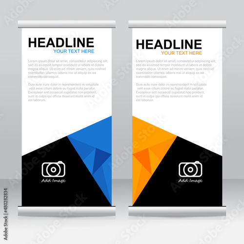 Roll up banner stand template design. Vertical banner template. Universal stand for conference, seminar, exhibitions, promo banner vector background. Modern publication x-banner and flag-banner.
