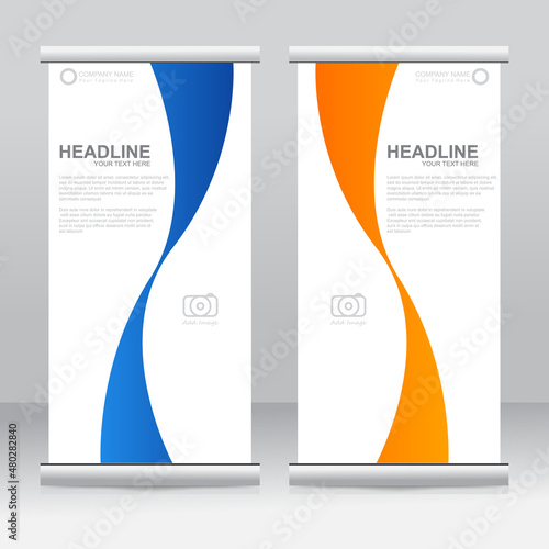 Roll up banner stand template design. Vertical banner template. Universal stand for conference, seminar, exhibitions, promo banner vector background. Modern publication x-banner and flag-banner.