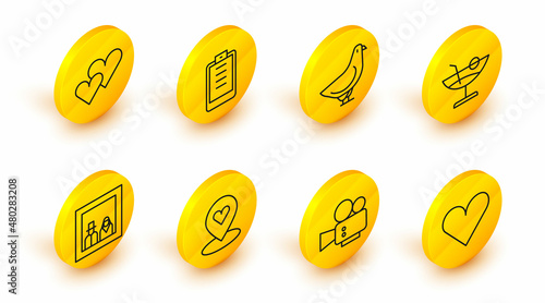 Set line Heart, Cinema camera, Location with heart, Family photo, Cocktail, Dove, Clipboard checklist and icon. Vector