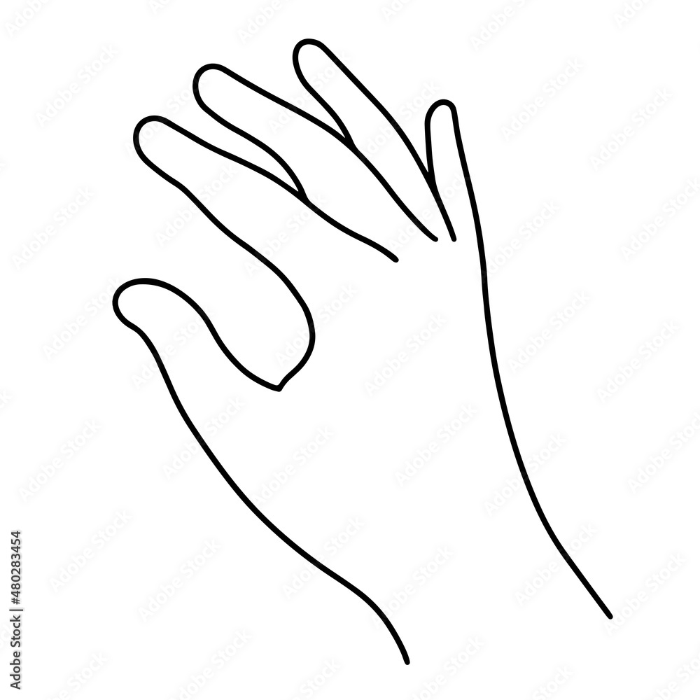 Obraz premium The right human hand is waving. Hand drawn vector icon isolated on white background. Gesture of greeting, farewell, palm raised up. Simple monochrome sketch, outline, doodle. Flat clipart