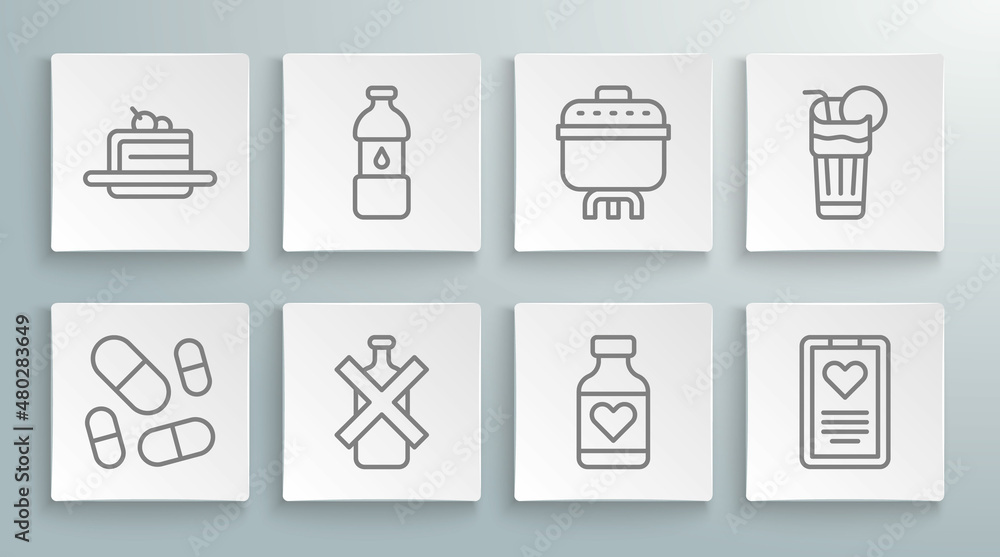 Set line Vitamin pill, Bottle of water, No alcohol, Medical clipboard, Cooking pot, Fresh smoothie and Cake icon. Vector Set line Vitamin pill, Bottle of water, No alcohol, Medical clipboard, Cooking pot, Fresh smoothie and Cake icon. Vector