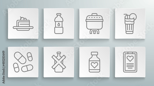 Set line Vitamin pill  Bottle of water  No alcohol  Medical clipboard  Cooking pot  Fresh smoothie and Cake icon. Vector