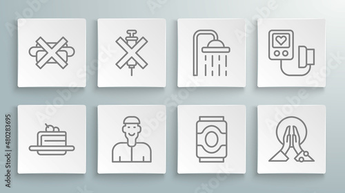 Set line Cake, No doping syringe, Positive thinking, Soda can, Meditation, Shower head, Blood pressure and junk food icon. Vector