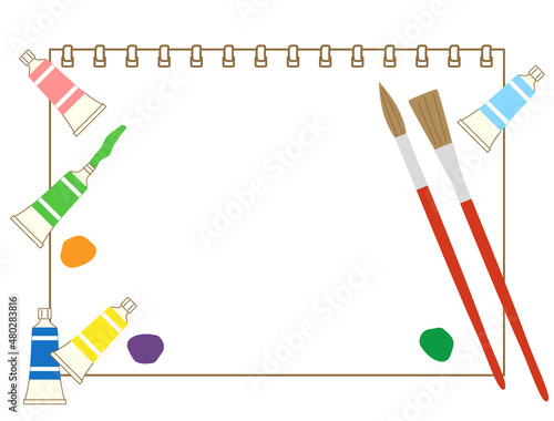 スケッチブックと絵具と筆のお絵かきイメージ