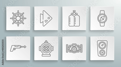 Set line Fishing harpoon, Aqualung, Photo camera, Gauge scale, Compass and Ship steering wheel icon. Vector