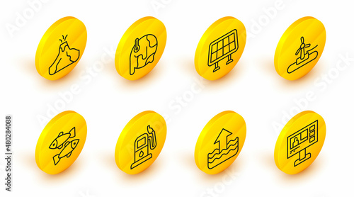 Set line Television report, Rise in water level, Petrol gas station, Dead fish, Wind turbine, Solar energy panel, Global warming and Volcano eruption with lava icon. Vector